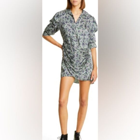 Cinq a Sept Mini Dress Janine Faux Wrap Short Sleeve Blue Green NWT Size 2 - Picture 3 of 7